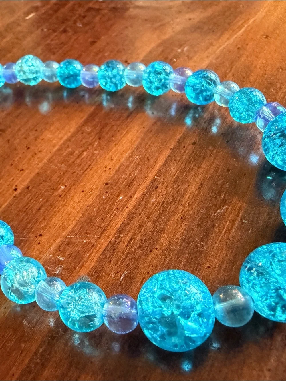 Blue Glass Beaded Keyring Wristlet - Crackle Glass Accent